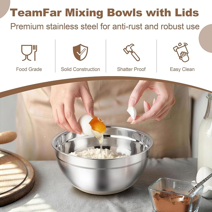 TeamFar Mixing Bowls, Stainless Steel Salad Bowls with Lids - Khaki | Nesting Bowls with Non-slip Bottom, for Kitchen Baking Preparing Serving, Stackable & 6PCS - 4.6 /2.6 /2 / 1.5 /1 / 0.7 Qt