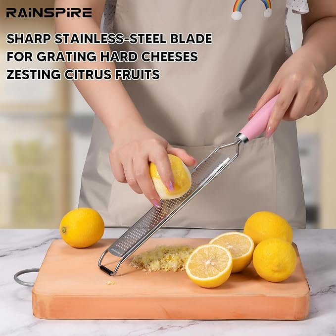 Zester Grater with Handle, Lemon Zester Cheese Grater for Kitchen Stainless Steel, Parmesan Cheese Garlic Nutmeg Chocolate Fruits Vegetables Ginger Grater, Fine (Pink)
