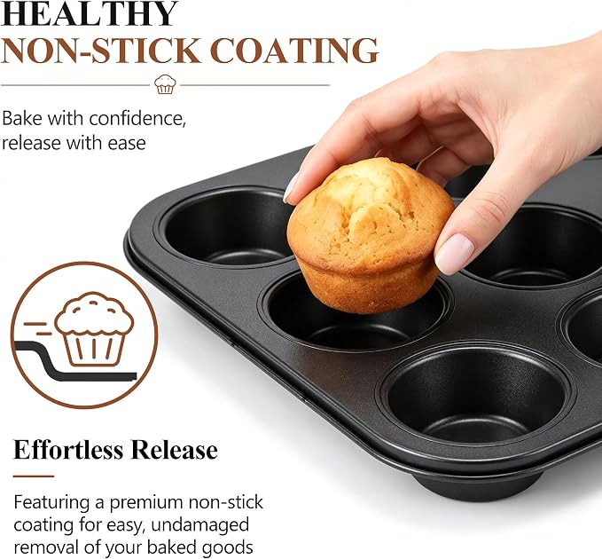E-far 12-Cup Muffin Pan, 2 Pack Nonstick Carbon Steel Cupcake Pan Tin Tray | Metal Bakeware Muffin Baking Tins for Oven, Standard Size, Ideal for Muffins, Cake Tart, Brownies, Easy Clean & Non-toxic
