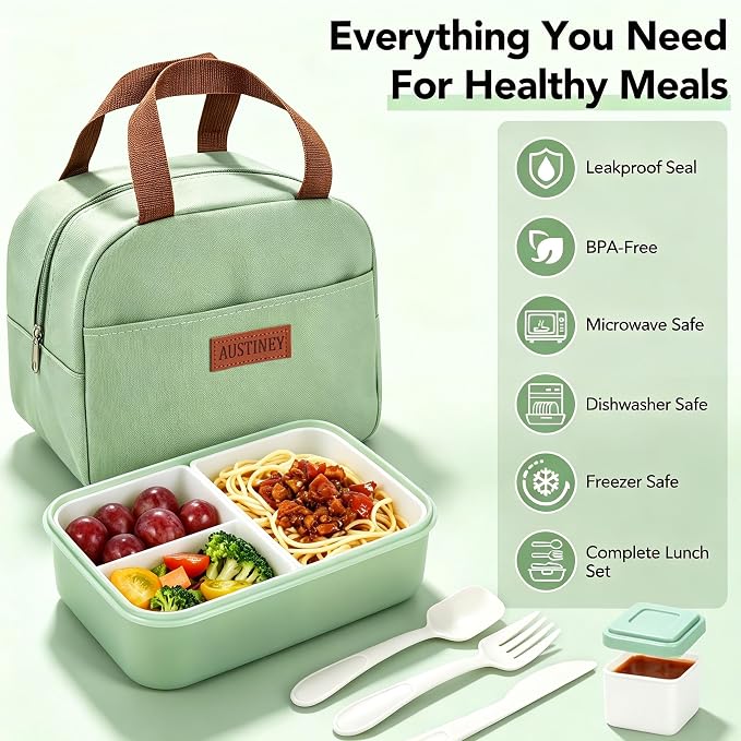Bento Box 1100ml Lunch Container with Bag & Utensils & 2 Storage Bags Green | Leakproof, microwave safe, BPA-free. Includes insulated bag, fork & spoon, sauce cup, and 2 reusable storage bags for snacks