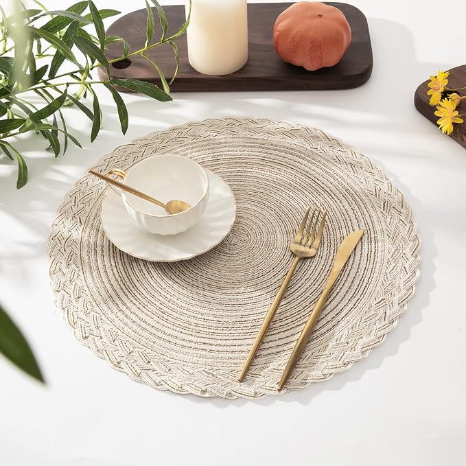 SHACOS Round Placemats Set of 4 Boho Braided Border 15 inch Circle Place Mats Washable Fabric Table Mats for Kitchen Dining Table, Ivory (Pack of 2)