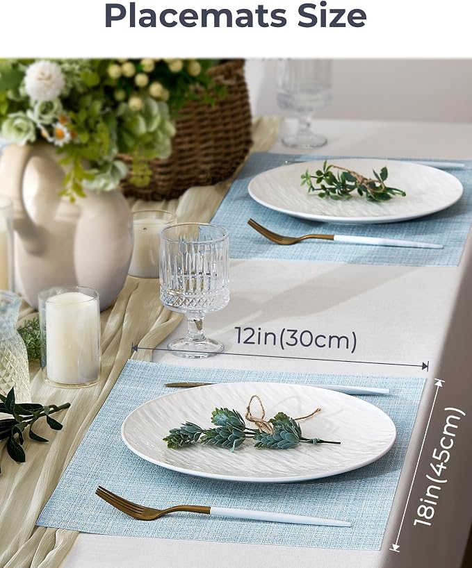 Leetaltree Soft Sky Blue Woven Placemats Set of 12 - Heat Resistant Non-Slip Place mats for Dining Table, Washable Durable PVC Vinyl Woven Table Mats(Sky Blue, 12)