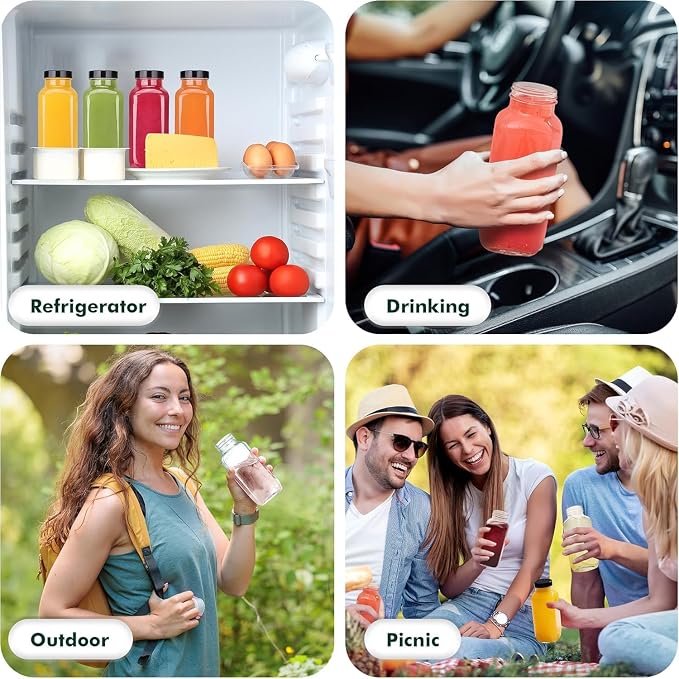 12 Pack 8 oz Glass Juice Bottles with Black Lids & Labels, Reusable Travel Juice Storage Containers, Clear Glass Drink Jars for Juicing, Water, Ginger, Wellness Shots - Leakproof, Dishwasher Safe