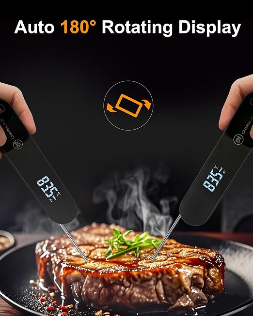 Charmline Meat Thermometer | 180° Auto-Rotating LED Display, 0.5-Second Read, Dual-battery Design, IP67 Waterproof and Dustproof