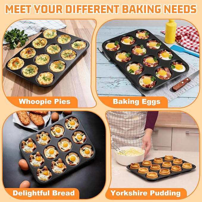 P&P CHEF 12-Cup Muffin Top Pan, Cupcake Pan with Shallow Side, 2PC & Black | Stainless Steel Muffin Pan Cupcake Tin for Whoopie, Yorkshire Pudding, Egg Bite, Cupcake, Non-toxic & Easy Clean