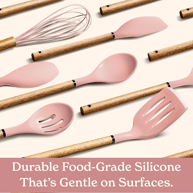 Country Kitchen Non Stick Silicone Utensil Set with Rounded Wood Handles for Cooking and Baking, 8 Piece Set, Pink