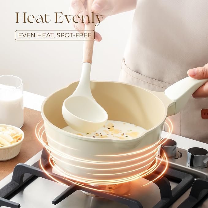 PRICUSIS Ceramic Nonstick Saucepan with Lid, 2.7 Quart Non Toxic Pot with Pour Spouts, Full Coated, 100% Dishwasher Safe, Induction Compatible, PTFE PFAS & PFOA Free, Coconut White