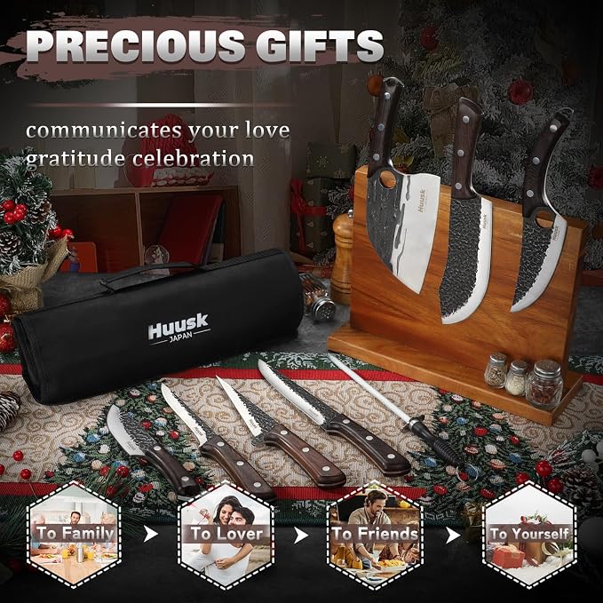 Huusk Butcher Knife Set with Roll Bag - 10PCS for Meat Processing Men Gift | High Carbon Steel, Ergonomic Ebony Grip, Viking Serbian Chef Meat Cleaver for BBQ Kitchen Outdoor Camping, Men Birthday Gift