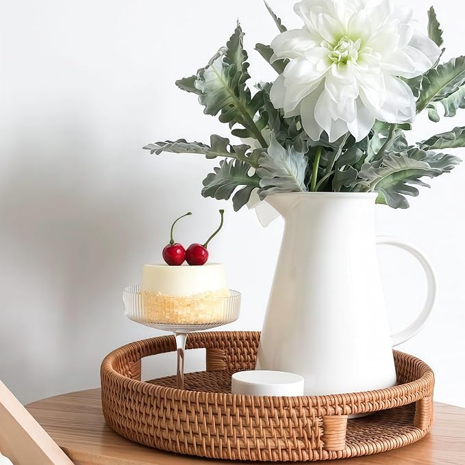 2 Pack Round Rattan Tray, Hand Woven Serving Tray with Handles, Wicker Serving Basket, Decorative Tray for Home Decor, Natural (11.8 + 14 inch)