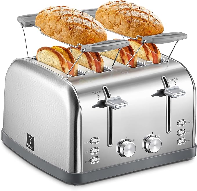 Yabano 4 Slice Stainless Steel Toaster with Extra Wide Slots | 7 Shade Settings, High Lift Lever, Bagel And Muffin Function, Removable Crumb Tray, Warming Rack, Silver Finish
