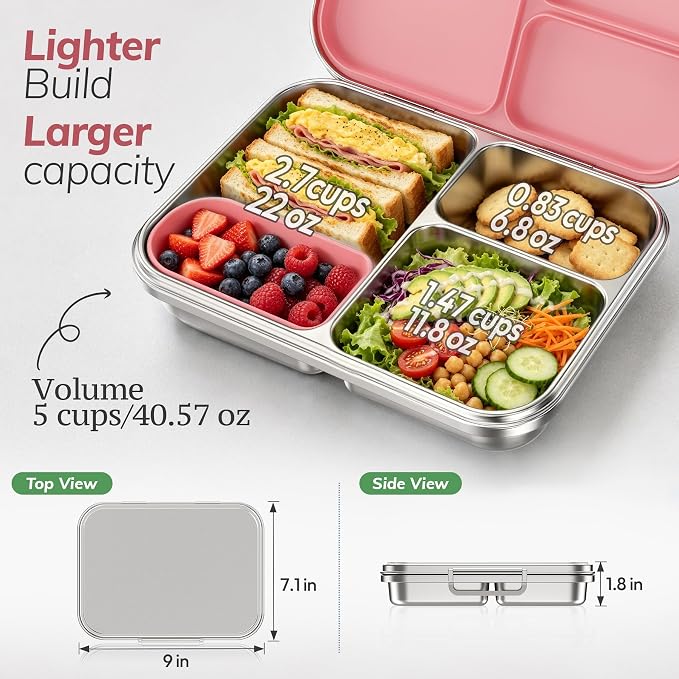 Stainless Steel Bento Lunch Box for Kids and Adults,3 Compartment Meal Lunch Box with Detachable Silicone Lid,Leak-Resistant Food Container with Snack Cup for School,BPA-Free(Pink)