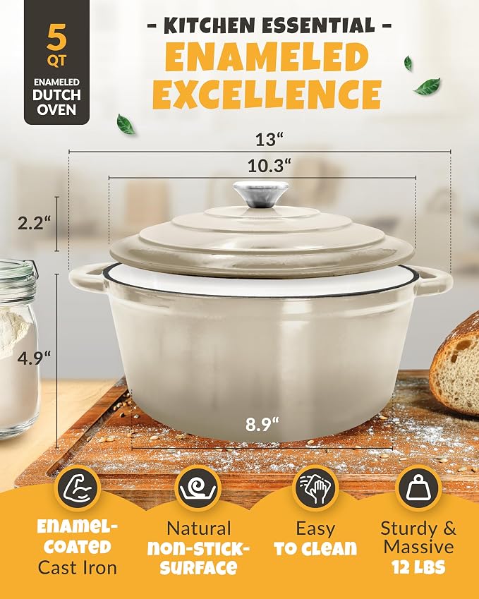 5 QT Enameled Dutch Oven for Bread Baking with Lid & Baking Set | Dutch Oven for Sourdough Bread Baking, Enameled Cast Iron with Lid, Banneton, Bread Sling, Lame, Dough Whisk & Clear Guide