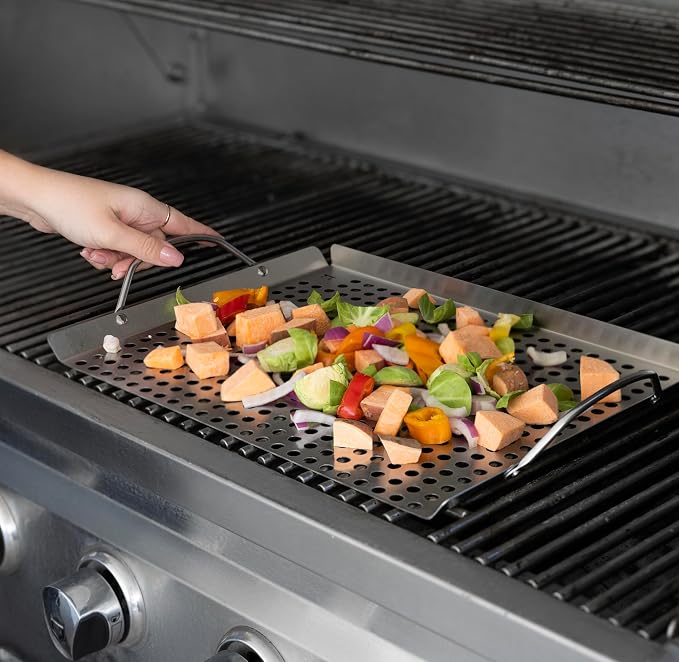 Outset Stainless Steel Grill Topper Grid, Set of 2, 11"x7" & 11"x17" Trays | Stainless Steel Grill Toppers | BBQ Veggie Grill Trays | Easy to Carry | Seafood Grill Tray With Holes | Infuses Flavor