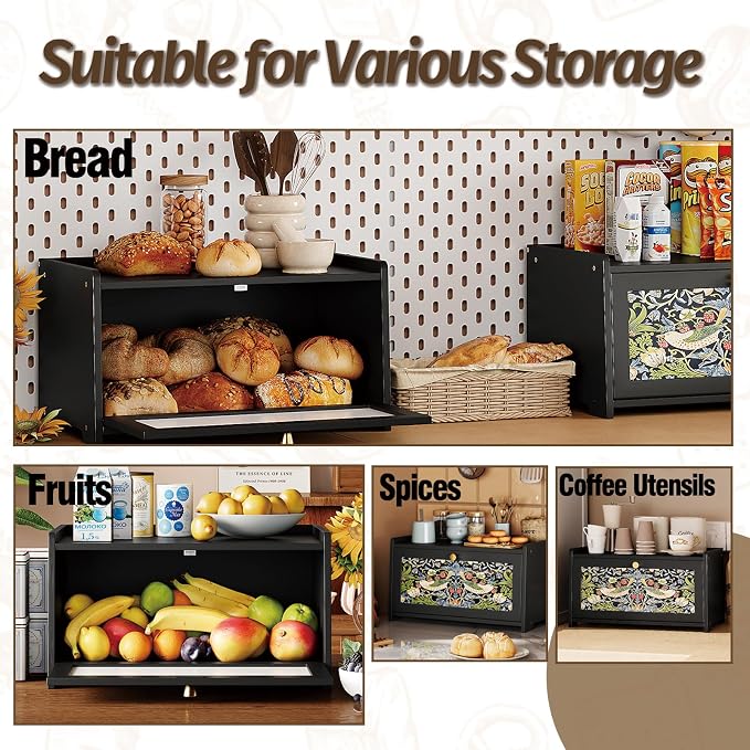 Trironsun Bread Box for Kitchen Counter Black Bread Storage Container with Acrylic Door William Morris Flower Bird Design Farmhouse Breadbox Organizer (Black)