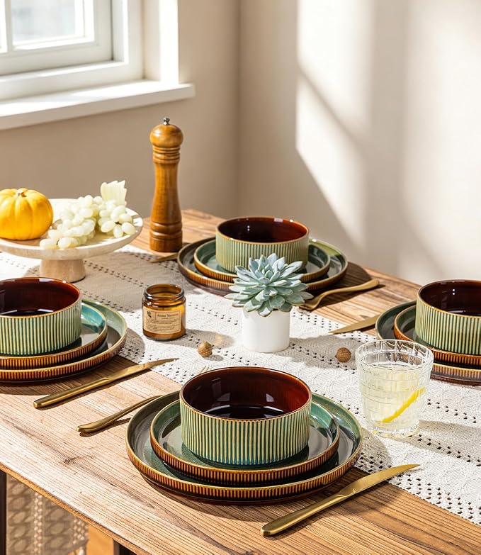 GBHOME Stoneware Dinnerware Sets for 4, 12 Pieces Plates and Bowls Set | Lightweight Ceramic Ribbed Dishes,Reactive Glaze Stackable Plate Set,Scratch Resistant,Microwave Dishwasher Safe,Maroon Olive
