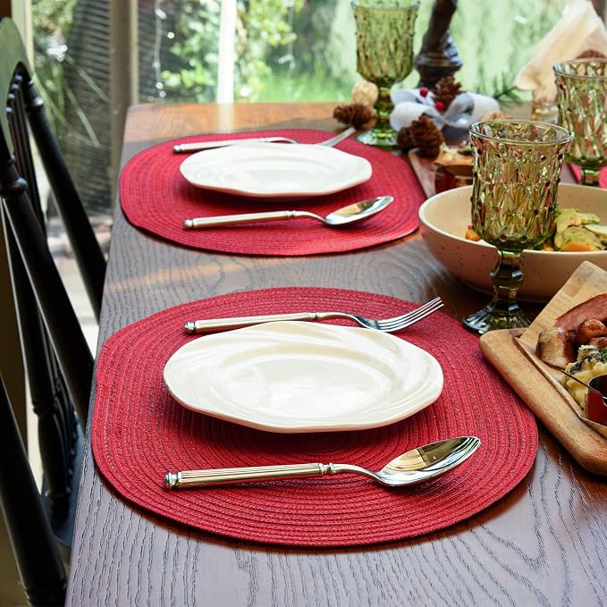 Placemats Set of 8, Woven Oval Braided Dining Table Mats(Red) | 12 x 17.5 Inch Size Fits Plates and Flatware; Hand Washable and Heat Resistant for Kitchen Use, with Farmhouse and Boho Style