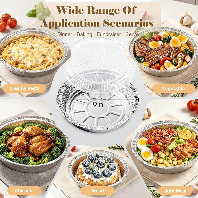 60 Pack 9” Round Aluminum Pans with Clear Lids, Disposable Foil Pie Pans with Lids, Pie Tins Disposable, Freezer & Oven Safe for Storing, Baking, Meal Prep & Reheating