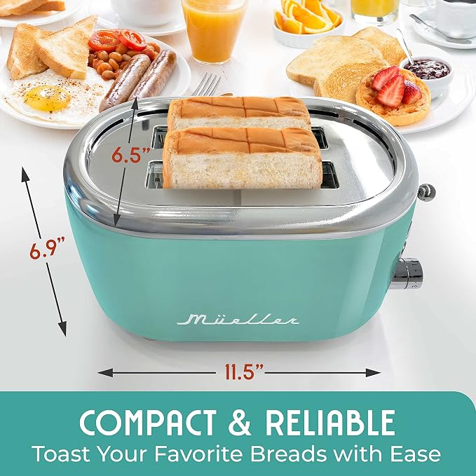 Mueller Retro Toaster 2 Slice with 7 Browning Levels and 3 Functions: Reheat, Defrost & Cancel, Stainless Steel Features, Removable Crumb Tray, Under Base Cord Storage, Turquoise