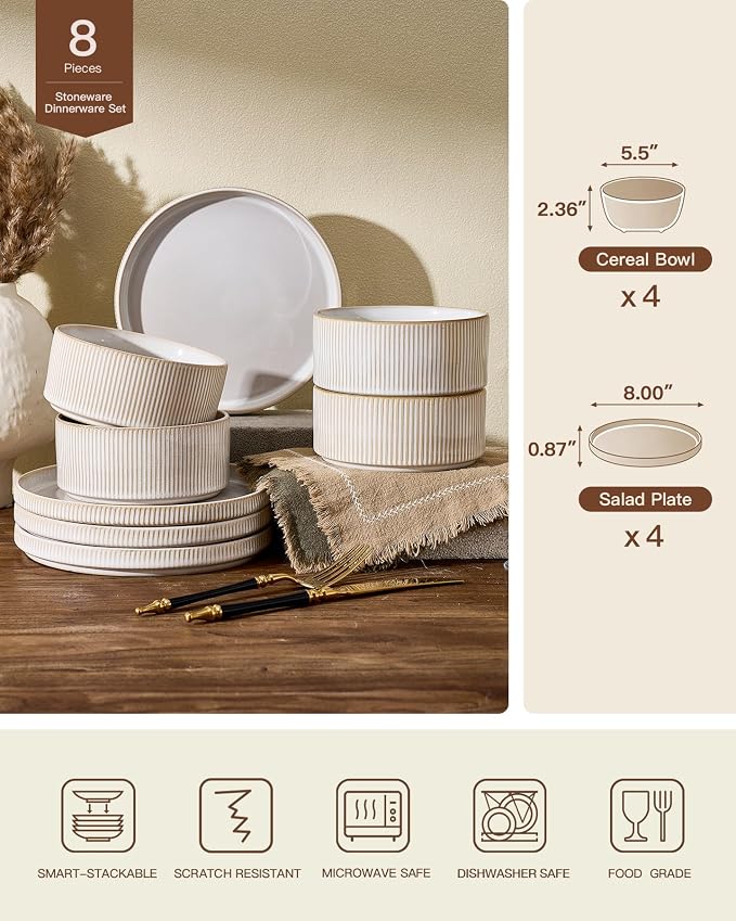 Ceramic Dinnerware Sets for 4, 8-Piece Deep Salad Plates and Cereal Bowls | Famiware Premium Stoneware Dishes, Chip & Scratch Resistant, Microwave & Dishwasher Safe, Everyday Dining, Cappuccino White