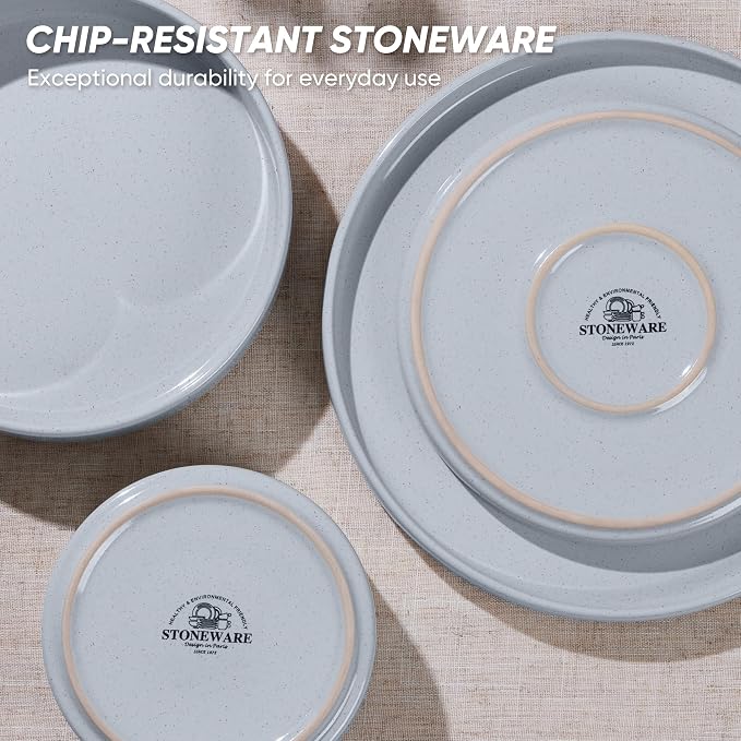 E-far 16-Piece Stoneware Dinnerware Sets with Pasta Bowls, Speckled Gray | Plates and Bowls Sets for 4, Chip and Scratch Resistant, Microwave & Dishwasher Safe Kitchen Modern Dish Set