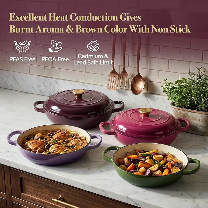 3 Quart Enameled Cast Iron Braiser, Non Stick Enameled Cast Iron Skillet with Lid, Dutch Oven Skillet with lid up to 500°F for Oven, Stove, Grill, Shallow Dutch Oven for Cook, Bake (Fig)