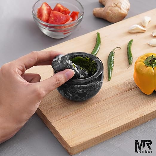Marble Mortar and Pestle Set Black 3" Inches Handmade Garlic Crusher & Grinder Bowl, Mini Mortar and Pestle for Kitchen - Herb Grinder Spice Grinder