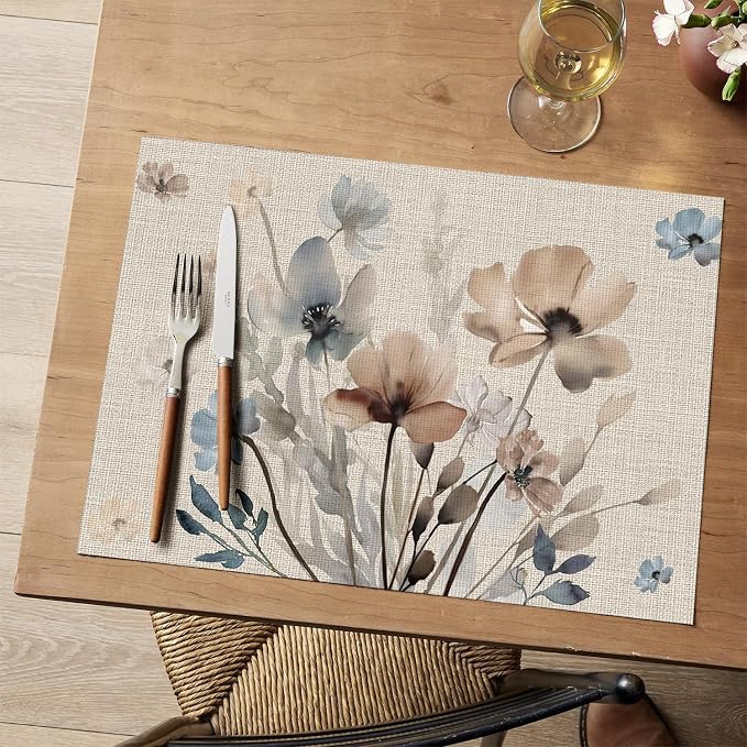 Artoid Mode Brown Poppy Floral Vinyl Spring Placemats Set of 6, Wipeable Plastic Woven PVC Table Mats for Party Kitchen Dining Decor, 12x18 Inch