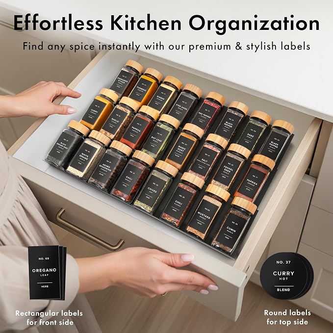Glass Spice Jars with Label, 36x Bamboo Wooden Lids - Black Labels | Airtight Lids keep spices fresh, Kitchen Spice Drawer Organizer, 4oz Seasoning Containers incl. Funnel, Brush & 240 Labels