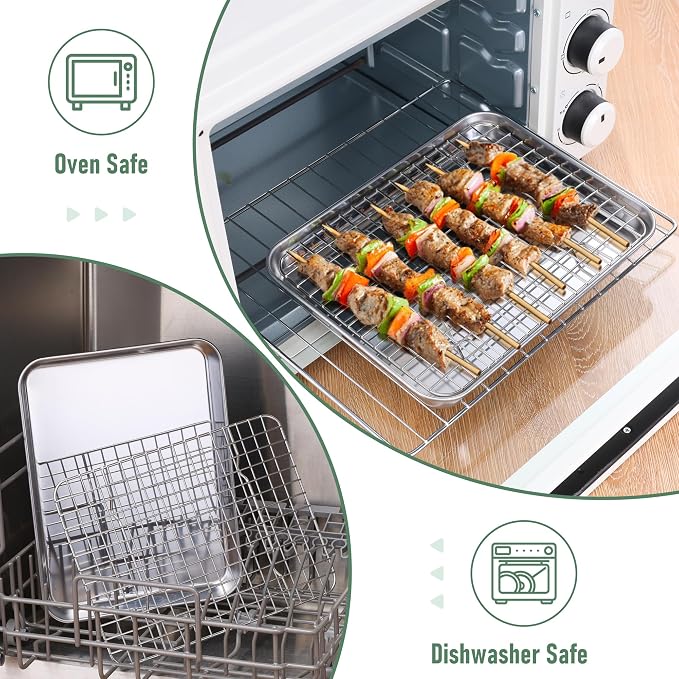Homikit Cookie Sheet with Rack (2 Small Baking Sheets+2 Racks), 10 x 8 Inch | Stainless Steel Baking Sheet with Wire Rack Set for Baking Roasting Cooling, Toaster Oven Pan Bacon Tray with Cooling Rack