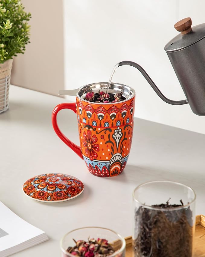 vancasso 18 Oz Tea Infuser Mug with Lid, Crimson Sunburst | Eye-Catching Bohemian Pattern, Adds Charm to Any Tea Corner, Ceramic Mug with Infuser, Microwave and Dishwasher Safe
