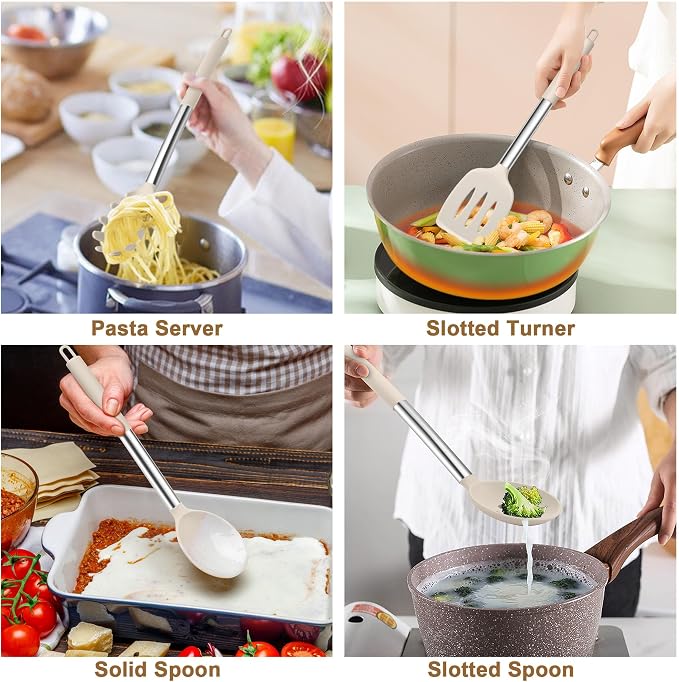TeamFar Cooking Utensils Set, 5 PCS Silicone Kitchen Utensils, Khaki | Stainless Steel Handle for Nonstick Cookware Turning Flipping Frying Draining, Heatproof & Healthy, Nonstick & Easy Clean
