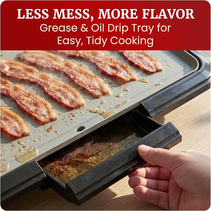 Elite Gourmet Electric Griddle, Ceralast Non-Stick, 10"x20" Black/Grey | PFAS-Free Ceramic, Cool-Touch Handles, Removable/Adjustable Thermostat, Easy-Clean Grease Tray, Great for Pancakes