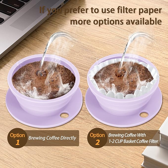 Collapsible Paperless Pour Over Coffee Maker with Stainless Steel Mesh Filter, Silicone Camping Coffee Maker Pour Over for 1~2 Cup, Reusable Collapsible Travel Pour Over Coffee Dripper (Purple)