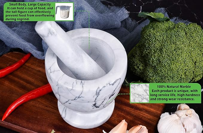 Mortar and Pestle Marble Set for Spices Pestos Seasonings Pastes Guacamole Bowl Herb Grinder Easy to Clean Included:Silicone Mat,Brush,Stainless Steel Spoon 4.33inch(Small,White Gray)
