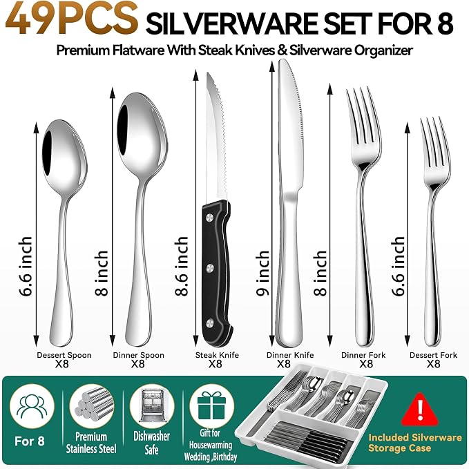 49-Piece Silverware Set with Organizer, Stainless Steel Flatware Utensils Set for 8, Forks and Spoons Silverware Set Cutlery Set with Steak Knives, Dishwasher Safe