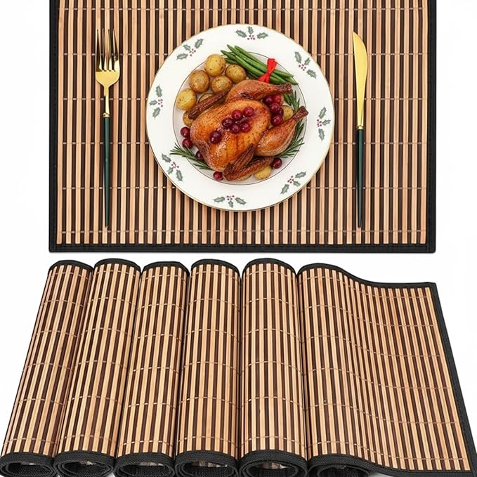 Pickmesh Bamboo Placemats Set of 6, Bamboo Table Mats Set with Fabric Border,18'' x 12'' Woven Placemat, Japanese Style, Washable Heat Resistant Place Mats for Kitchen and Dining Room