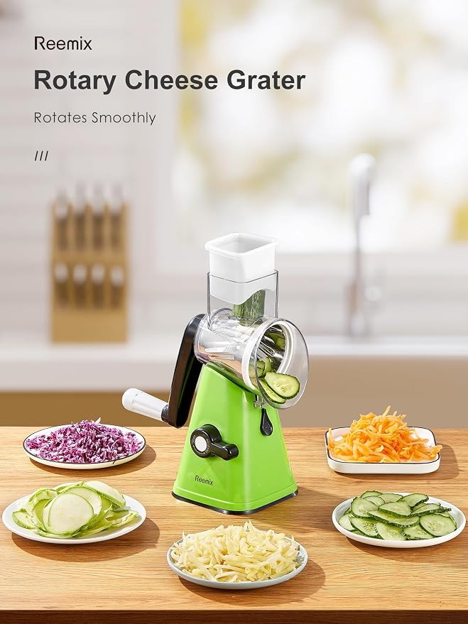 Rotary Cheese Grater with Handle, Reemix Vegetable Cheese Grater | Shredder Slicer Grater for Kitchen 3 Changeable Blades for Cheese Potato Zucchini Nuts Chocolate (Green)