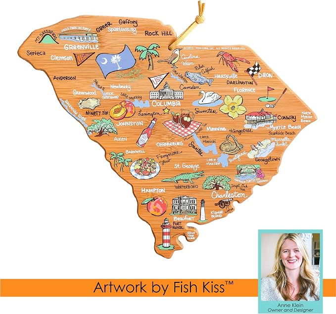 Totally Bamboo South Carolina State Shaped Cutting Board, Art by Fish Kiss | State charcuterie board with colorful hand-drawn map artwork. Smooth reverse side for food prep. Hang tie for wall display.
