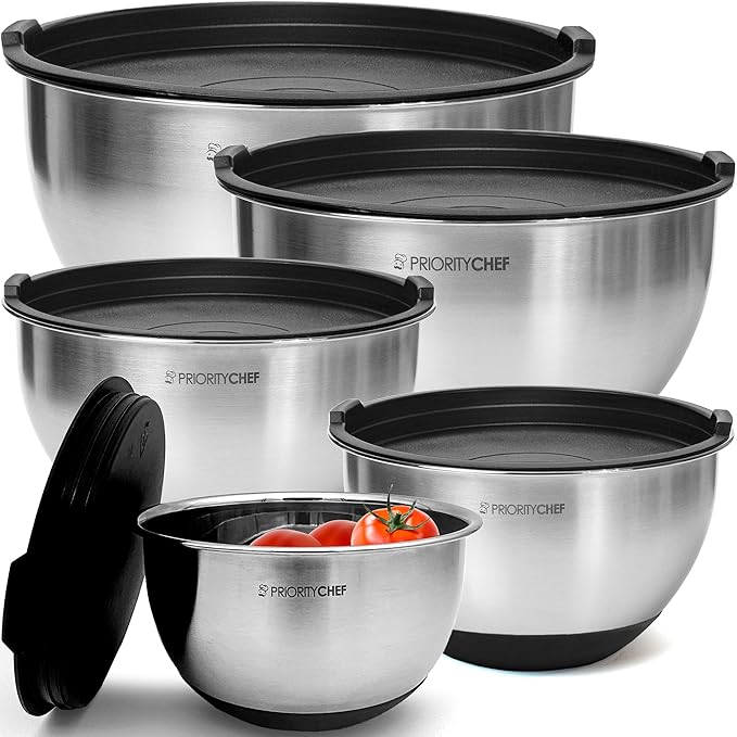 Premium Mixing Bowls With Lids Set, Airtight Lids, Thicker Stainless Steel, Non-Slip Base, 5 Nesting Steel Bowls for Kitchen, Large Prep Metal Bowl Set 1.5/2/3/4/5 Qt, Black