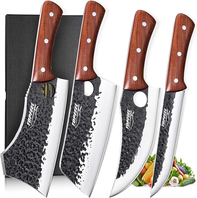 Topfeel 4PCS Butcher Knife Set with Bone Chopper and Meat Cleaver | Bone chopper, meat cleaver, Viking knife and slicer with hand-forged blades, full-tang red sandalwood handles and gift box