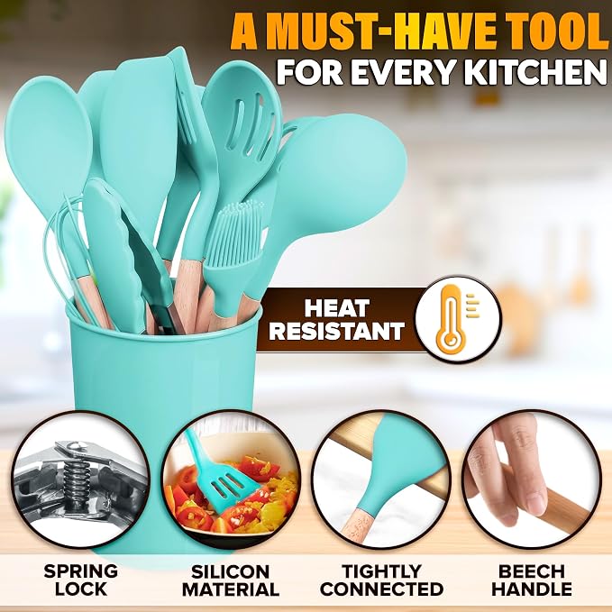 12 Pcs Cooking Kitchen Accessories Set with Holder, Silicone Heads (Teal) | Teal Kitchen Utensils Set for Cooking and Baking; Wooden Handles; Heat-Resistant up to 446°F; Non-Scratch for Nonstick Pans