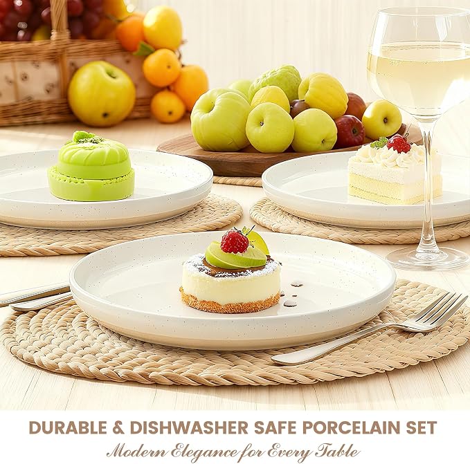 Plates and Bowls Sets, Scratch Resistant Dinnerware Sets for 8, 24 Pieces Porcelain Ceramic Dishware Dishes Set, Modern Stoneware Kitchen Dinner Set, Microwave and Dishwasher Safe, Cream White