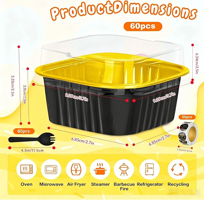 60Pack 5oz Black&Gold Mini Cake Pans with Lids, Spoons and Stickers Baking Cups Aluminum Foil Pans Tins, Individual Dessert Cups Containers for Sales,Party,Picnics