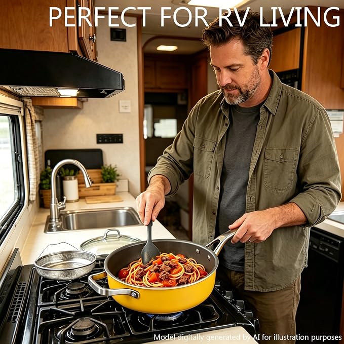 10-in-1 Yellow Ceramic Nonstick Deep Saute Pan Set With Steamer & Lid, 4QT | 10".PFAS-free frying pan.non-toxic. Induction ready. Oven safe to 480°F. Cool-touch handle. Dishwasher safe. Perfect for RVs!