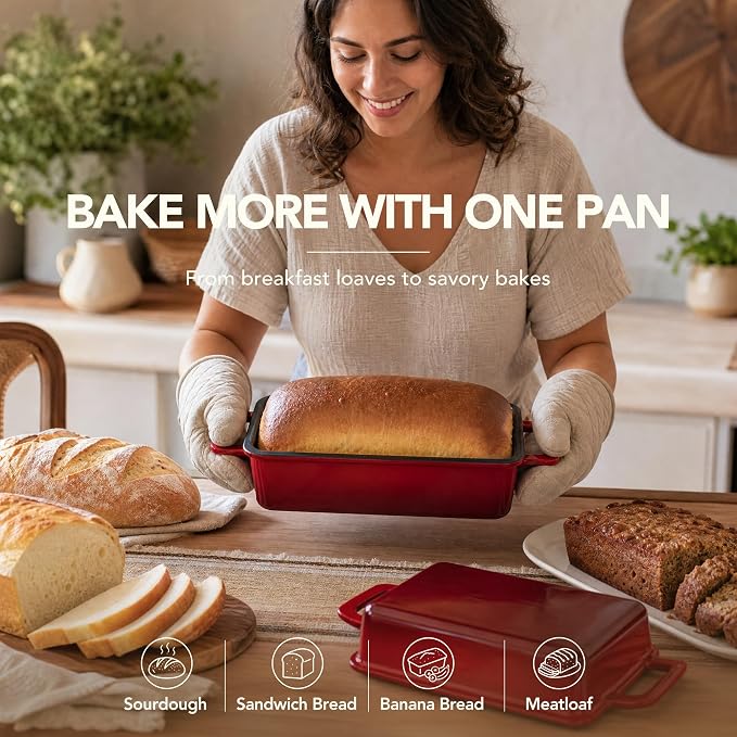 MICHELANGELO Enameled Cast Iron Bread Pan with Lid, 9x5 Sourdough Loaf Pan | PFAS-Free enamel | Use two pans or stack as a lid for crispier crust I Ideal for sandwich bread, banana bread and meatloaf.