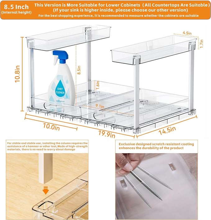 2 Pack 14.5″ Deep Pull Out Under Sink Organizer,10.8″ High 2 Tier Slide Out Cabinet Organizer for Kitchen Cabinet,Undersink Organizers,Under Sink Shelves,Bathroom Organizers and Storage,Clear