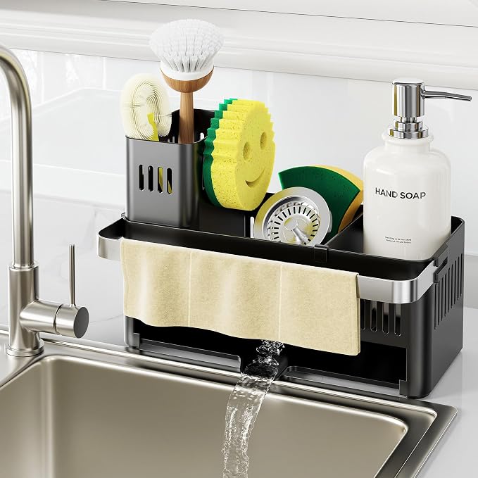 Nieifi Sponge Holder, Black Rustproof ABS Sink Caddy with Towel Rack | Smiley Sponge and Brush Holders with Drainage to Keep Items Dry. 10"W x 4.5"D. Kitchen Counter Organizer & Essential Storage.