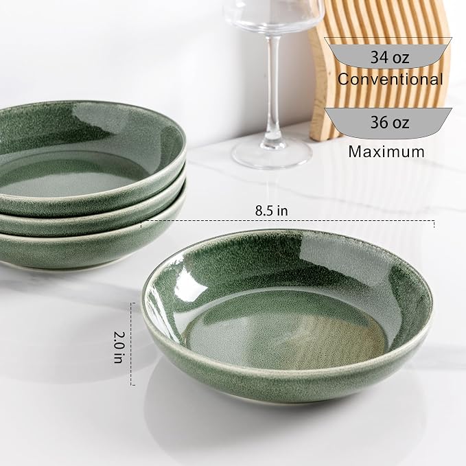 AmorArc 8.5’’ Ceramic Pasta Bowls Set of 4, 36oz Large Stoneware Bowls Set | Large Dinner Serving Bowls Set, Wide Bowl Plate for Pasta,Salad, Soup, Microwave Safe, Reactive Glaze-Jade Green