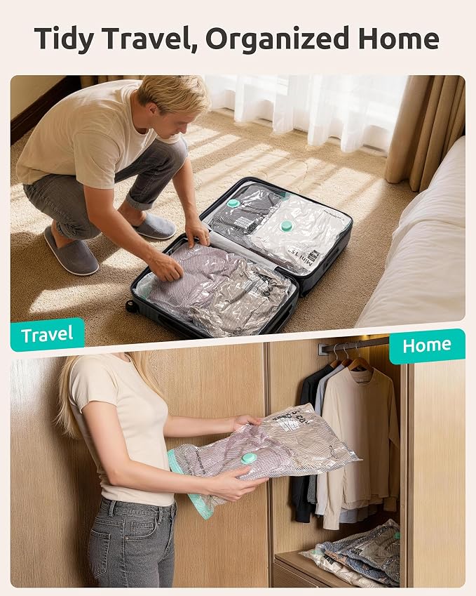 Travel Vacuum Seal Bags with Electric Pump, 16 Pack, Home Seasonal Storage | 4 Sizes, Compression Pack Bag for Clothes, Blankets, Bedding, Pillows, Extra-Thick, Reusable, Luggage & Suitcase Space Saver