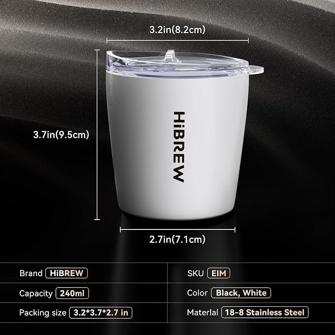 HIBREW Espresso Insulated Mug - 8oz / 240ml - 18/8 Food Grade Stainless Steel (White)